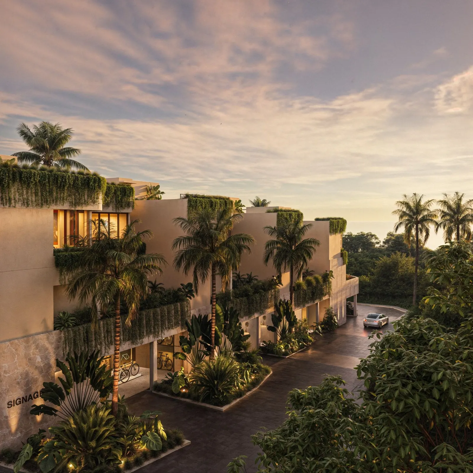 Artist impression of the Above the Cliff villas at dusk, seen from the access road