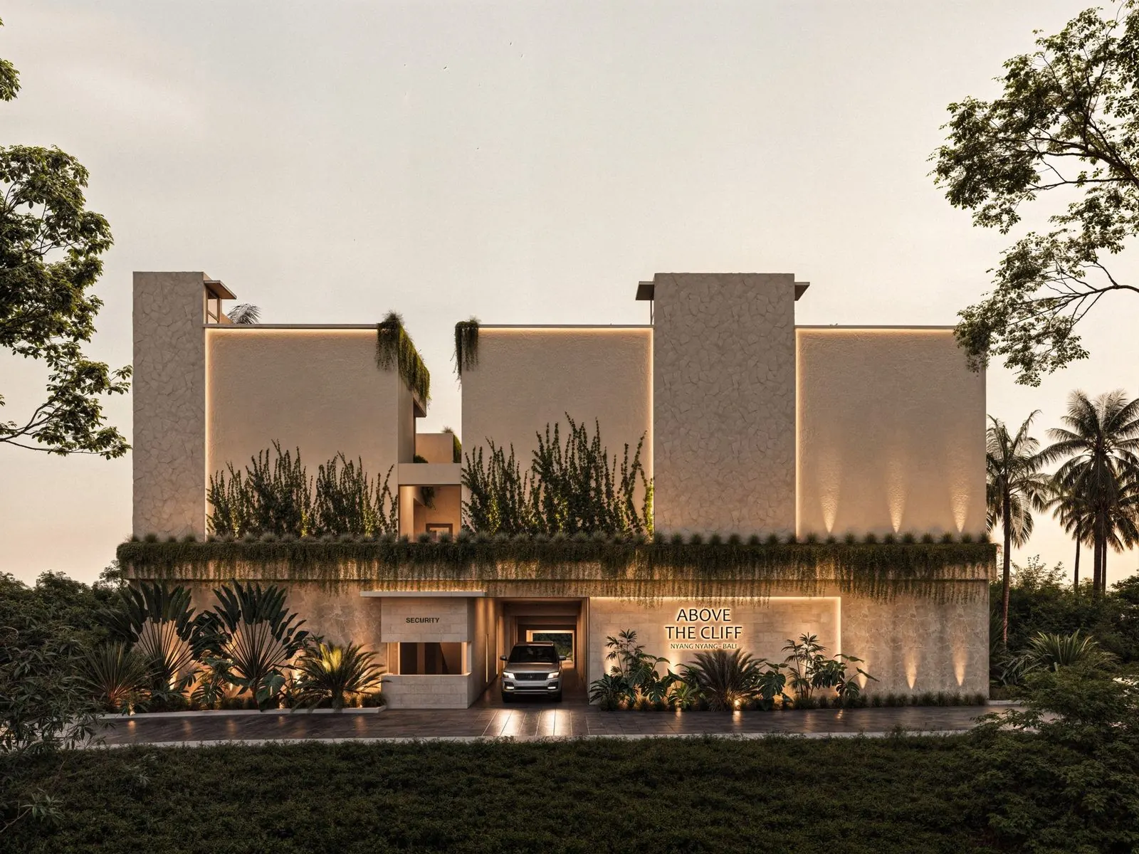 Artist impression of the villa entrance with a planted facade and gate