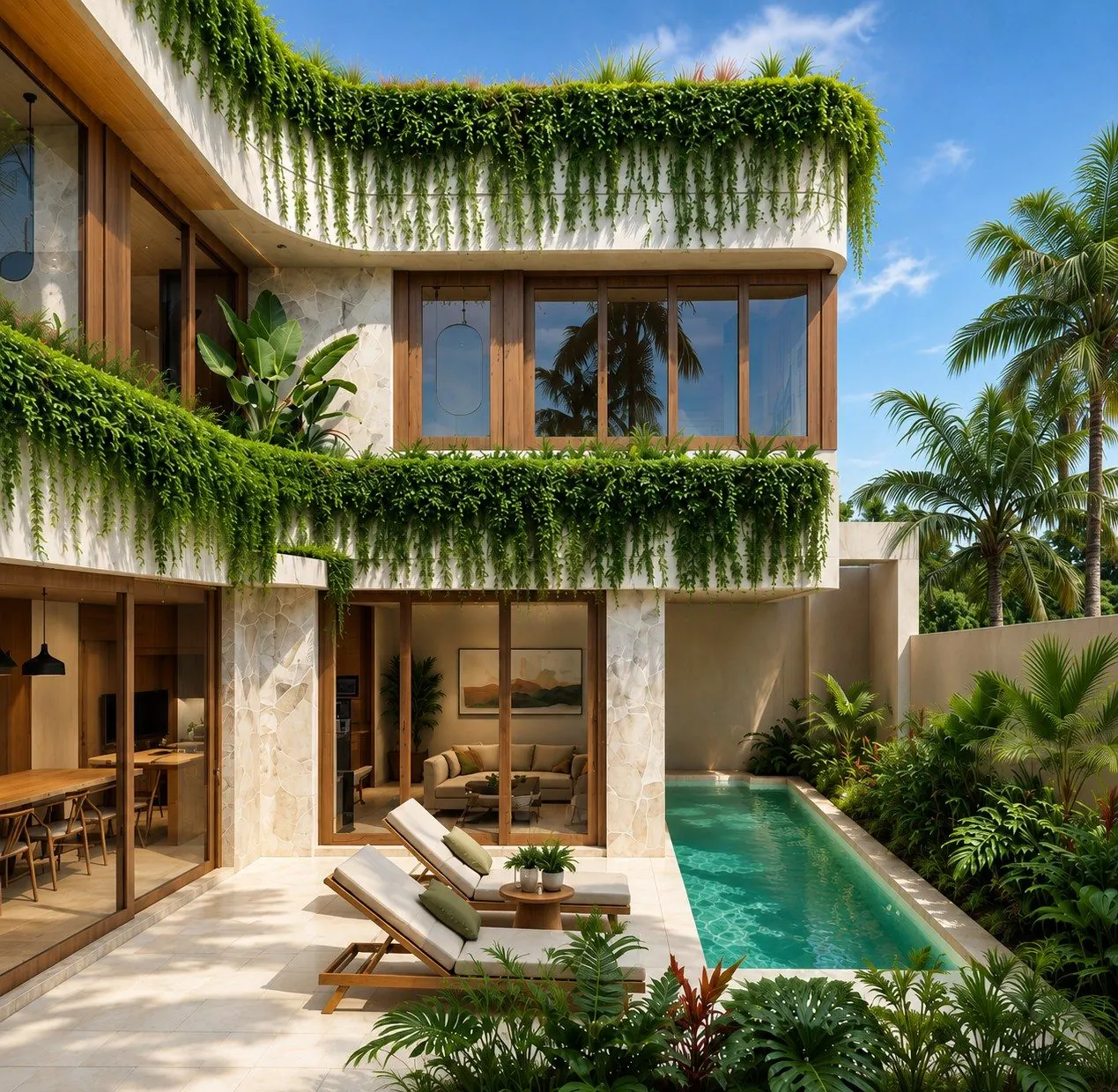Artist impression of a villa facade with a private pool and hanging plants