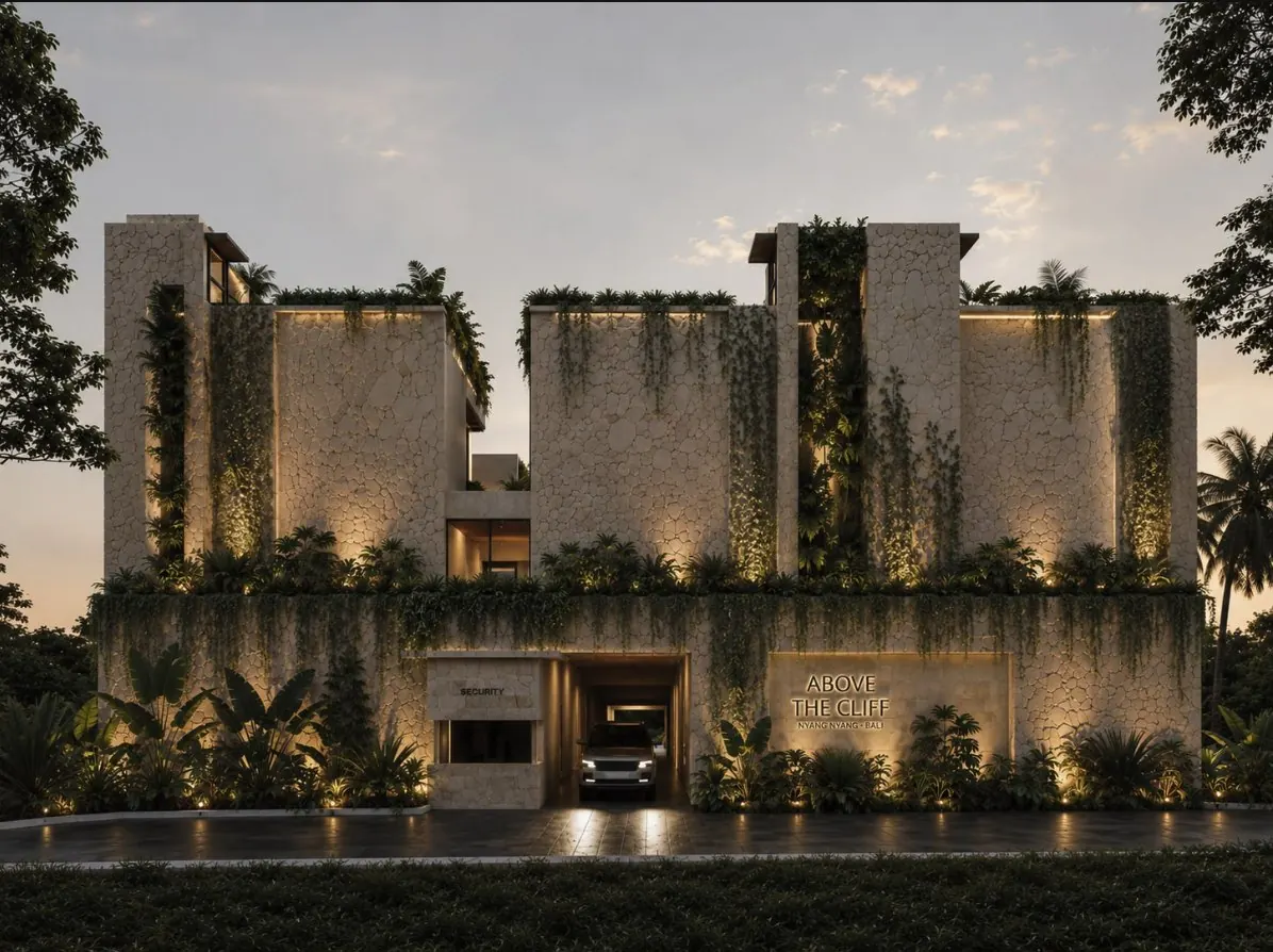 Artist impression of the Above the Cliff entrance at dusk: stone-clad towers with hanging greenery, the gate and security post lit from below