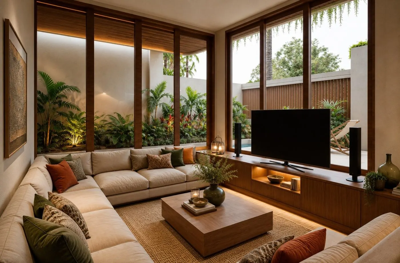 Artist impression of a living room with a large corner sofa and sliding doors to the garden