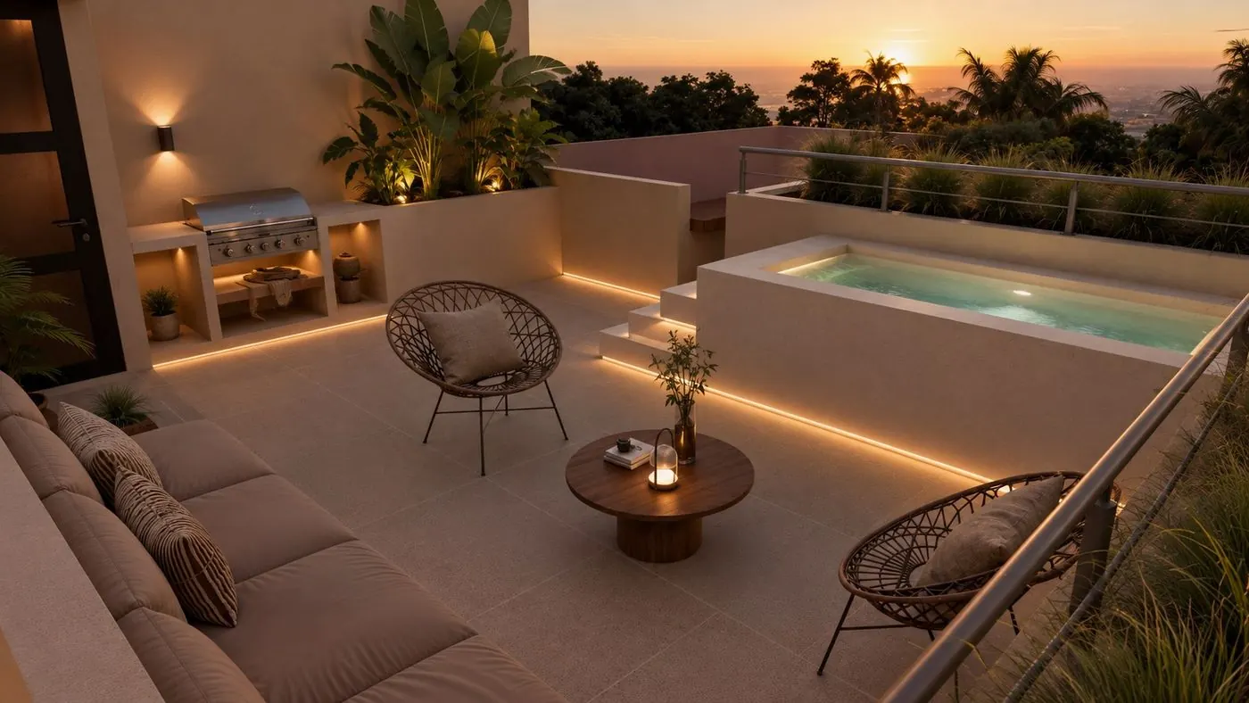 Artist impression of a rooftop lounge at dusk with a plunge pool and outdoor kitchen