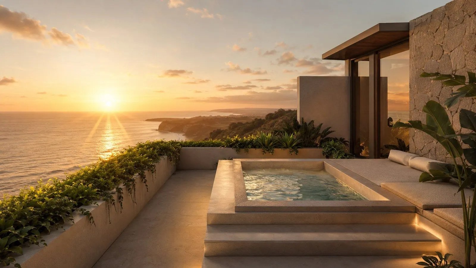 Artist impression of a rooftop plunge pool at sunset, looking out over the ocean from the Nyang Nyang cliff