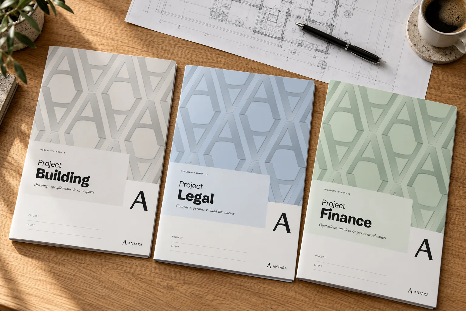 Three Antara document folders on a desk: Project Building, Project Legal and Project Finance, next to a floor plan