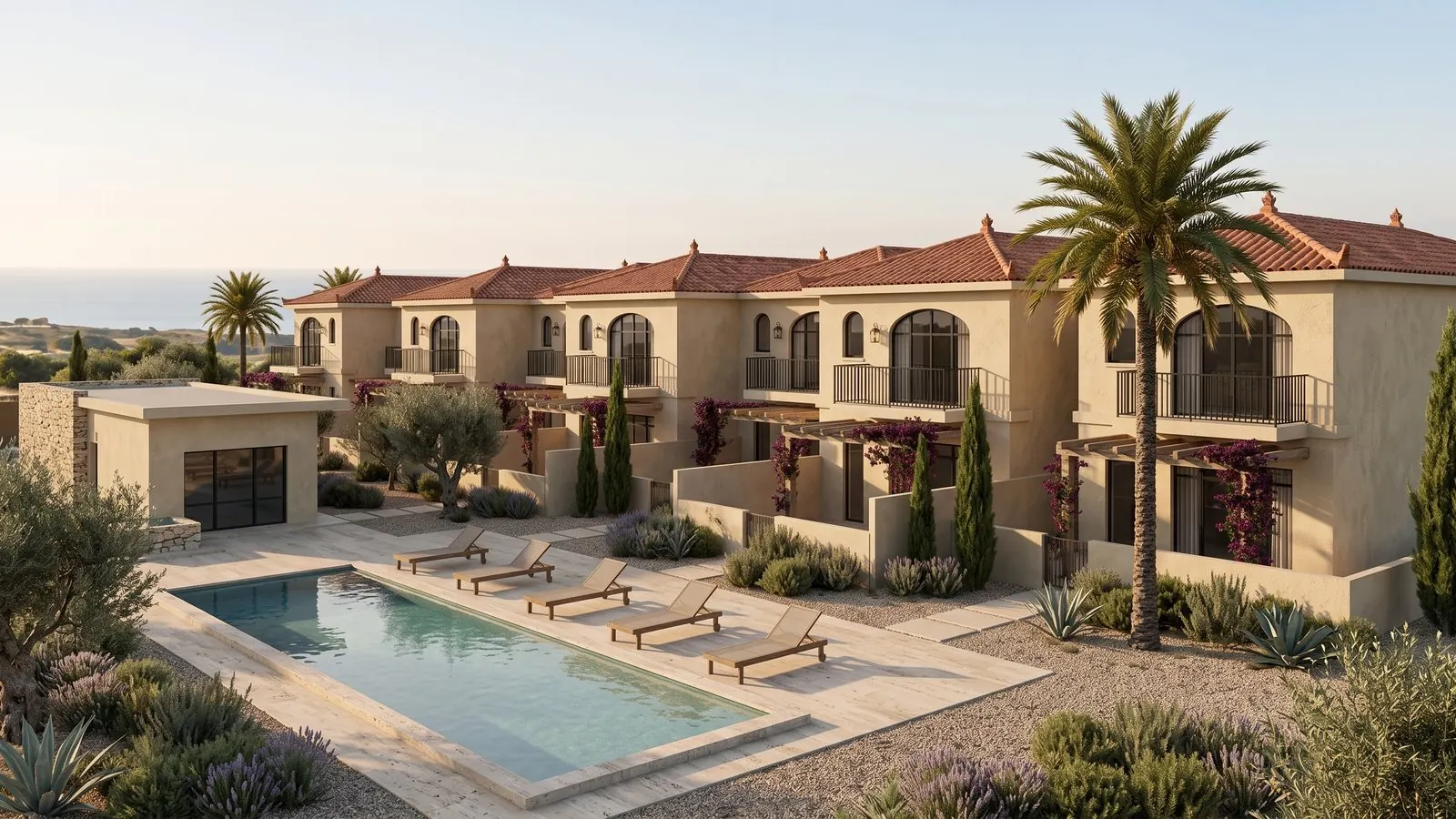 Concept two: plastered townhouses with terracotta roofs, arched windows, cypresses and bougainvillea around a travertine pool terrace, the sea in the distance