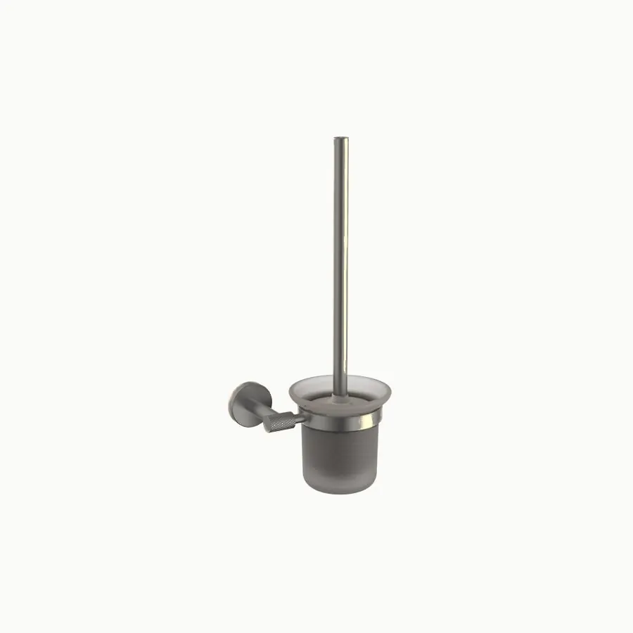 Toilet brush holder with frosted glass cup, brushed gun metal