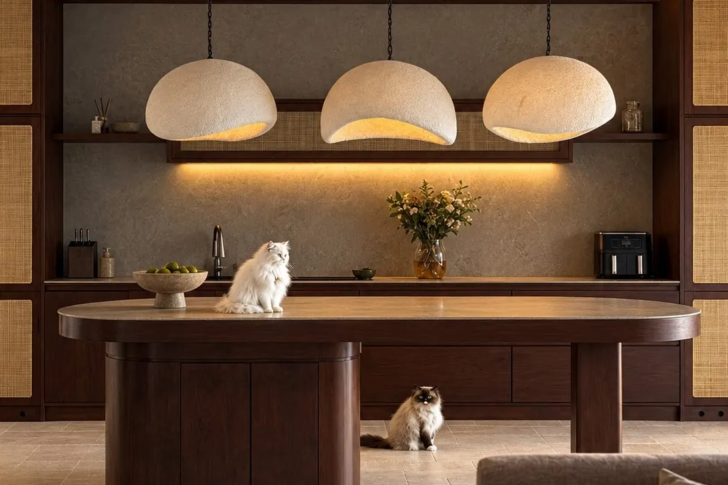 The kitchen of Rumah August: three plaster pendants over a walnut island, rattan cabinet fronts, exposed roof beams