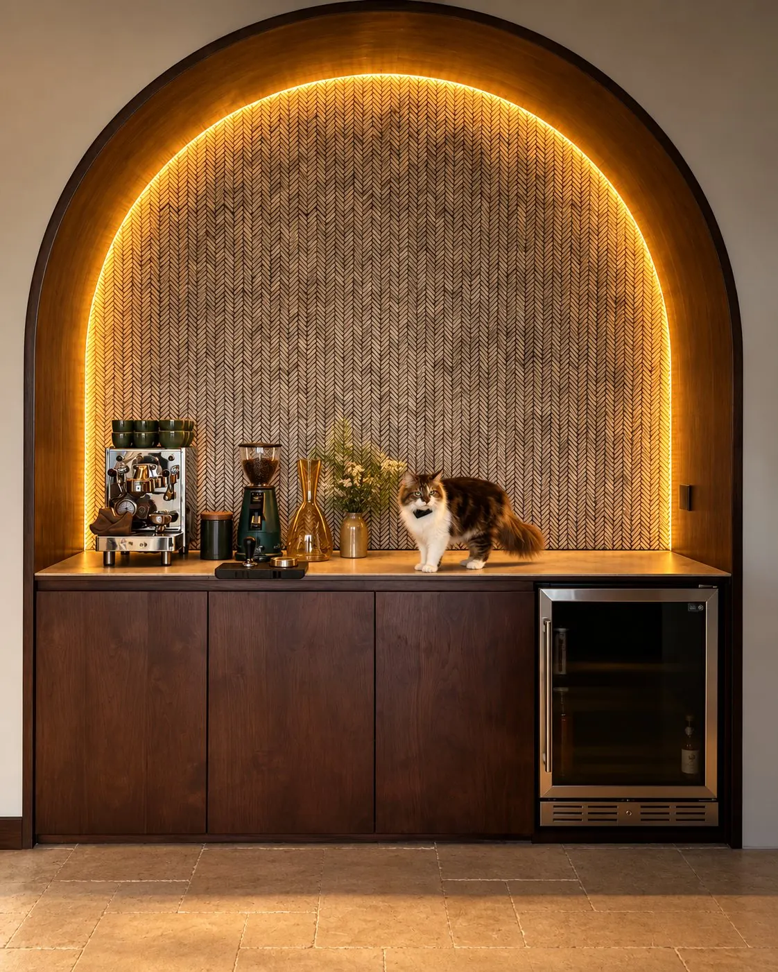An arched niche lined with herringbone timber mosaic, lit from behind, with a coffee machine on a walnut cabinet and a wine fridge