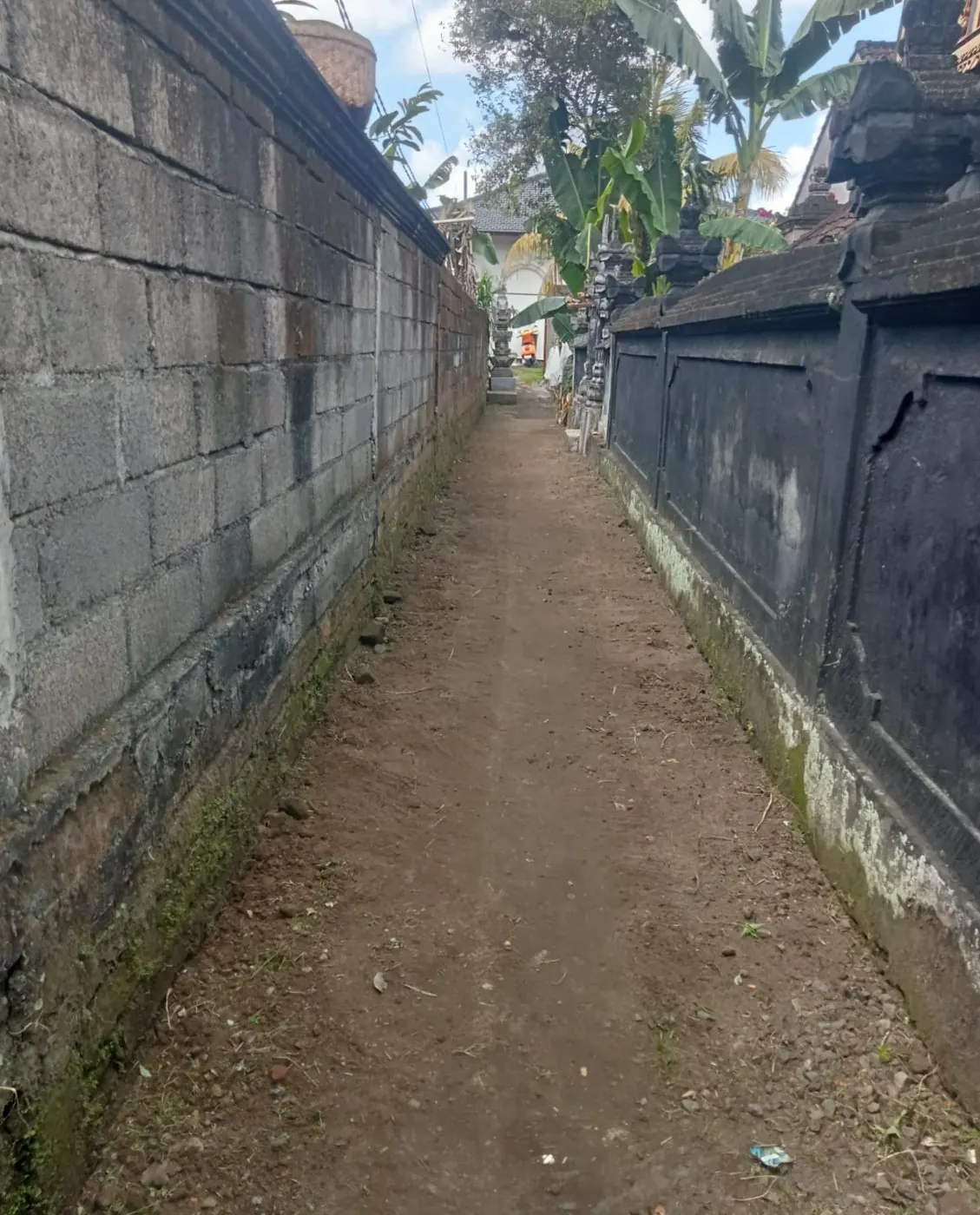 The narrow lane to the house, between a block wall and a traditional Balinese compound wall