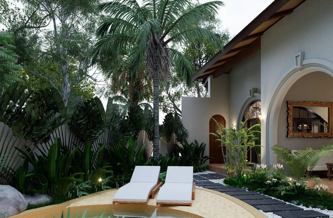 Artist impression of the pool edge with two sun loungers, the white arched house behind