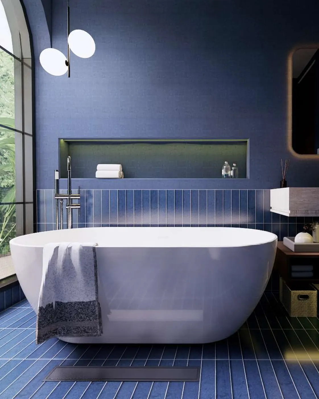 Concept render of the bathroom: freestanding bath by the window, blue tiles