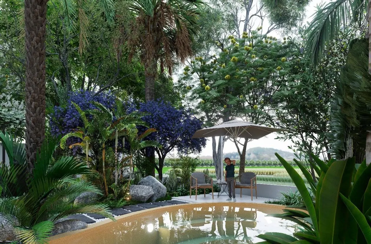 Artist impression of the pool at dusk with a parasol and loungers
