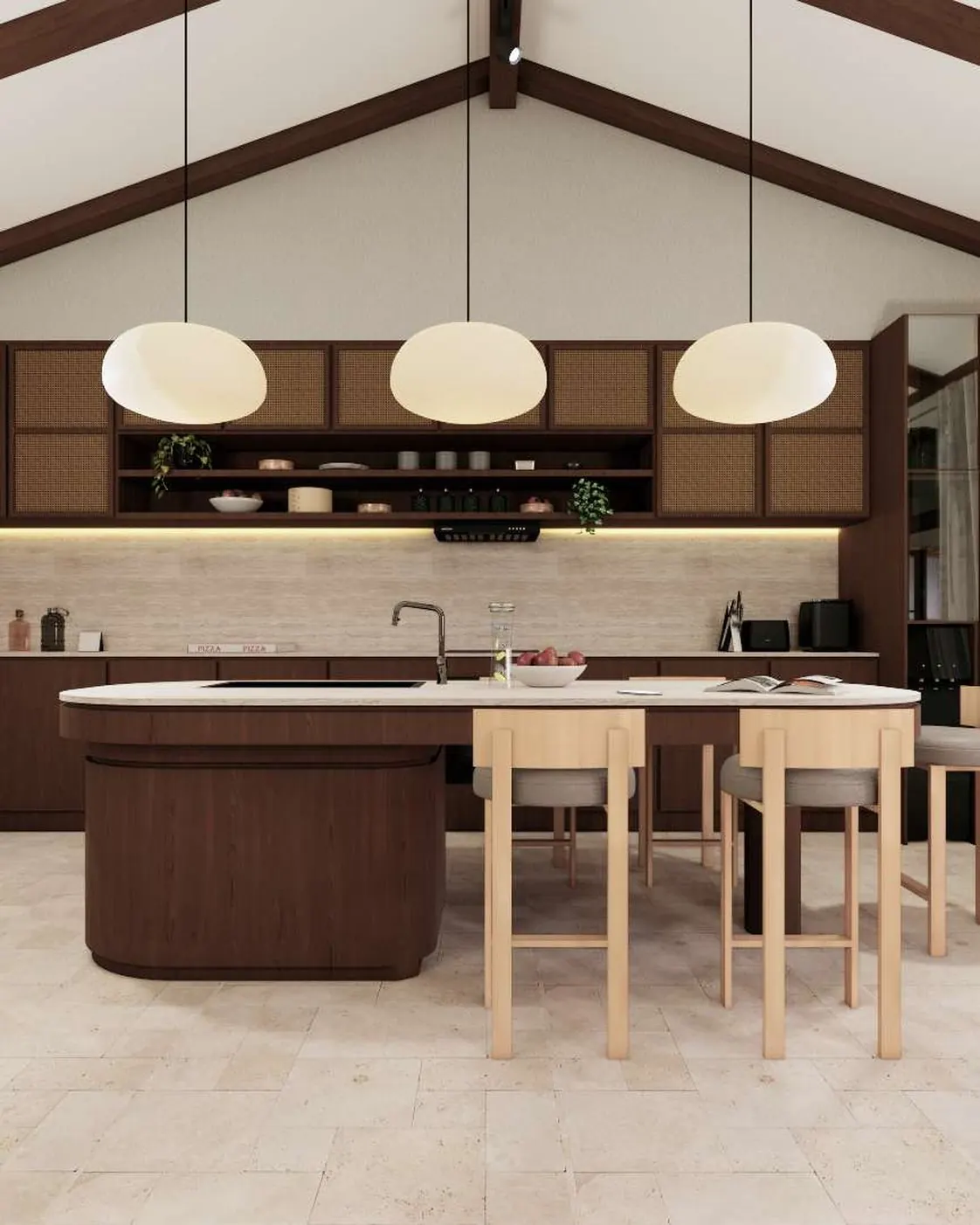 Concept render of the kitchen: island with stone top, three pendant lamps, rattan cabinets