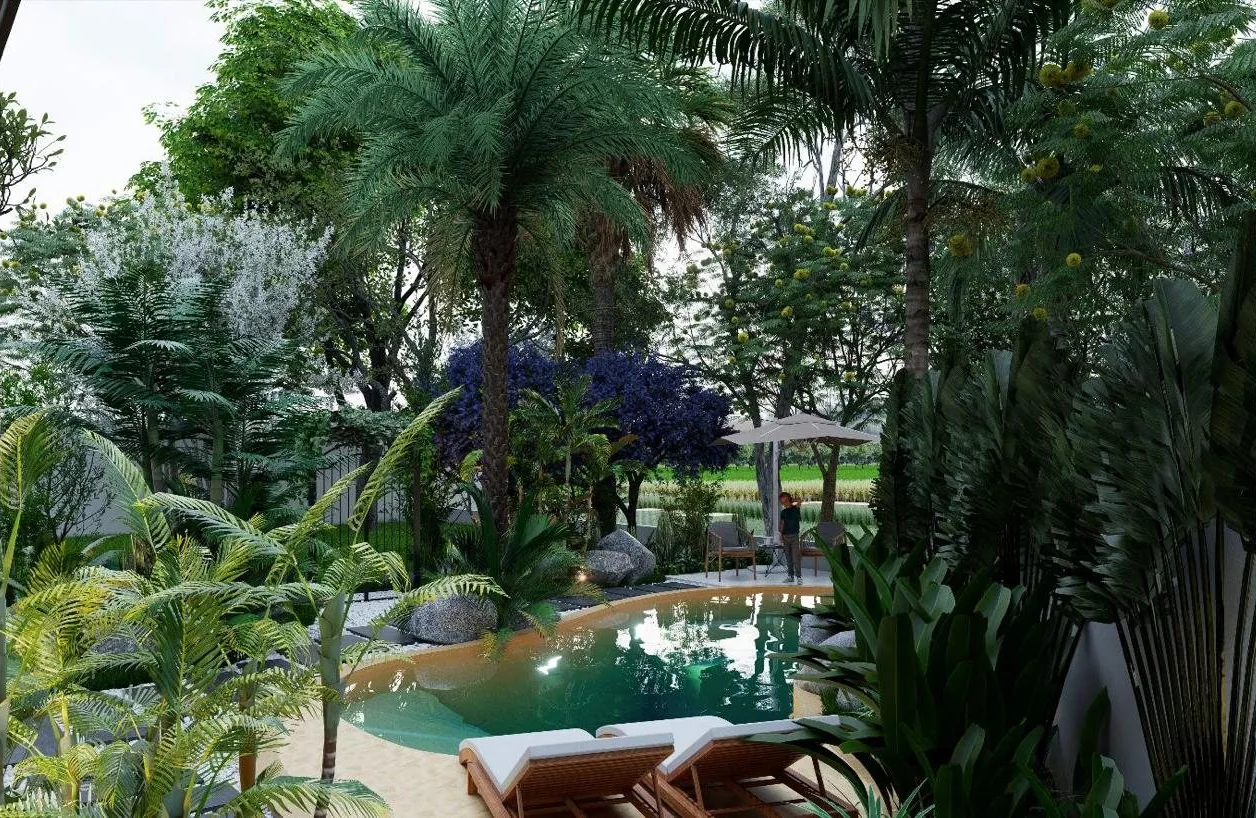 Artist impression of the natural pool seen from the garden, stones and planting around the water