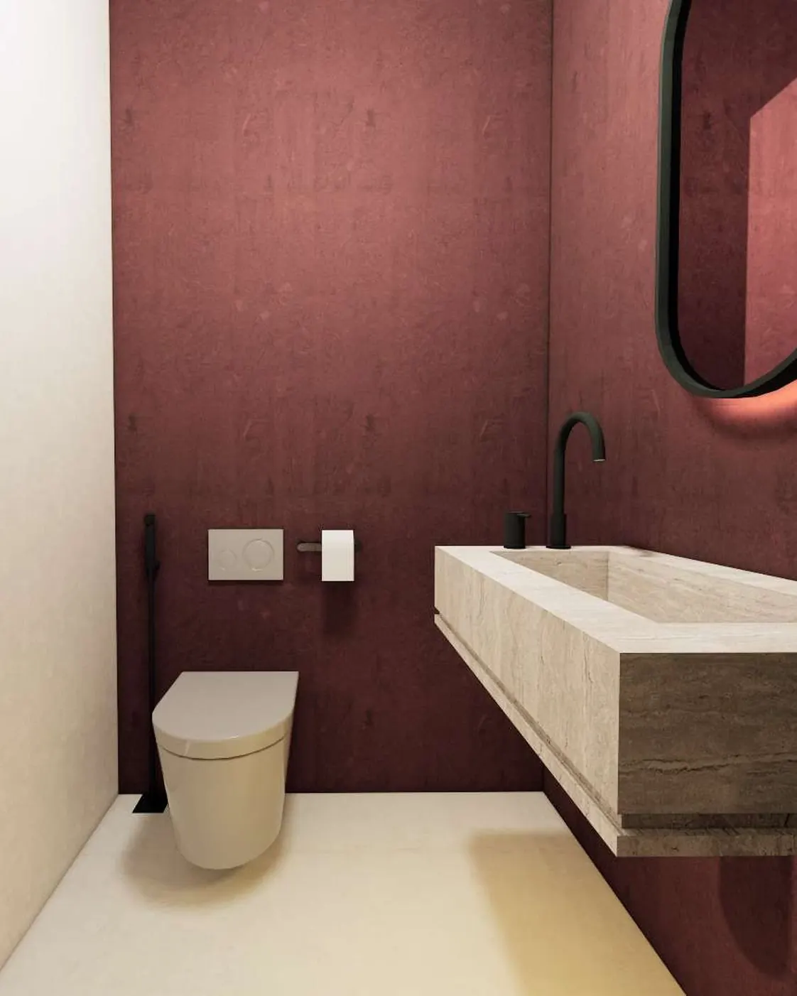 Concept render of the powder room in deep red plaster with a stone basin