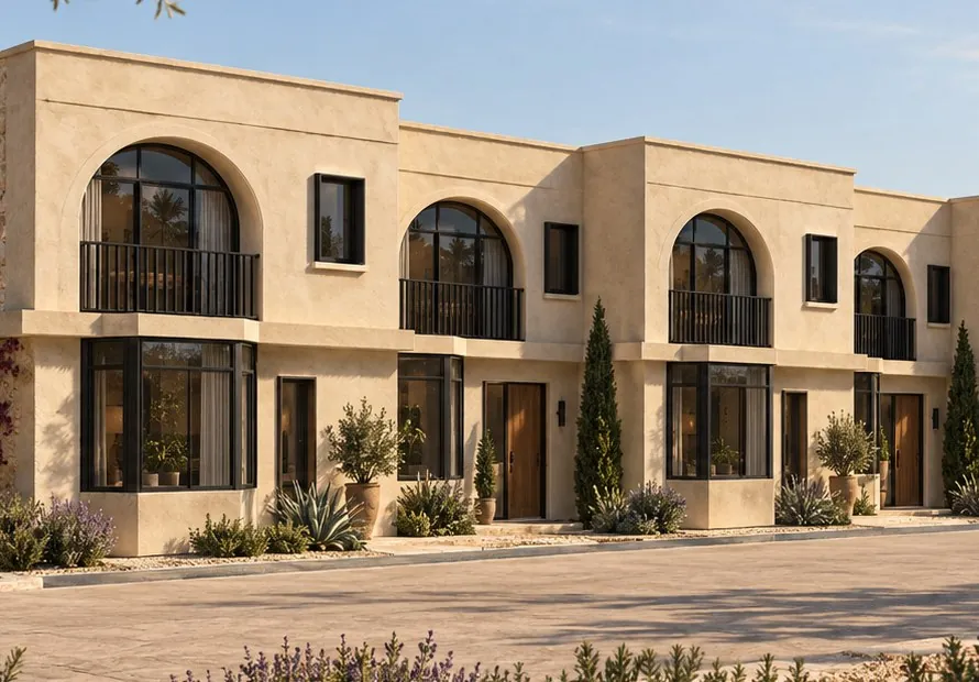 Artist impression of a SĀL Living facade close up: arched windows, iron balconies and limestone walls