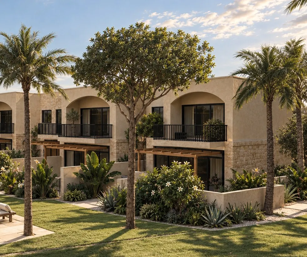 Artist impression of a SĀL Living house from its private garden, with a pergola terrace and olive trees