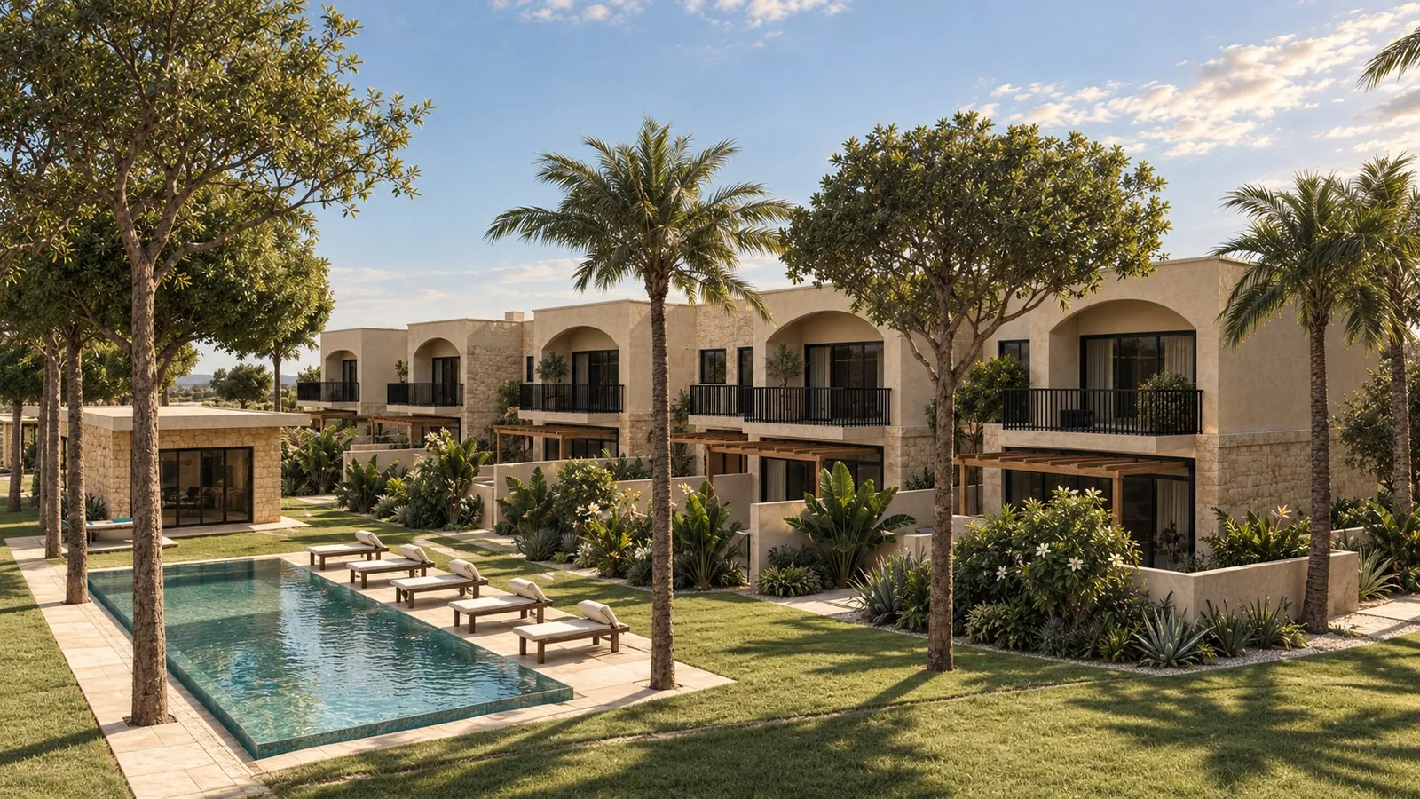 Artist impression of SĀL Living: two-storey stone houses with arched balconies around a shared garden and a long pool