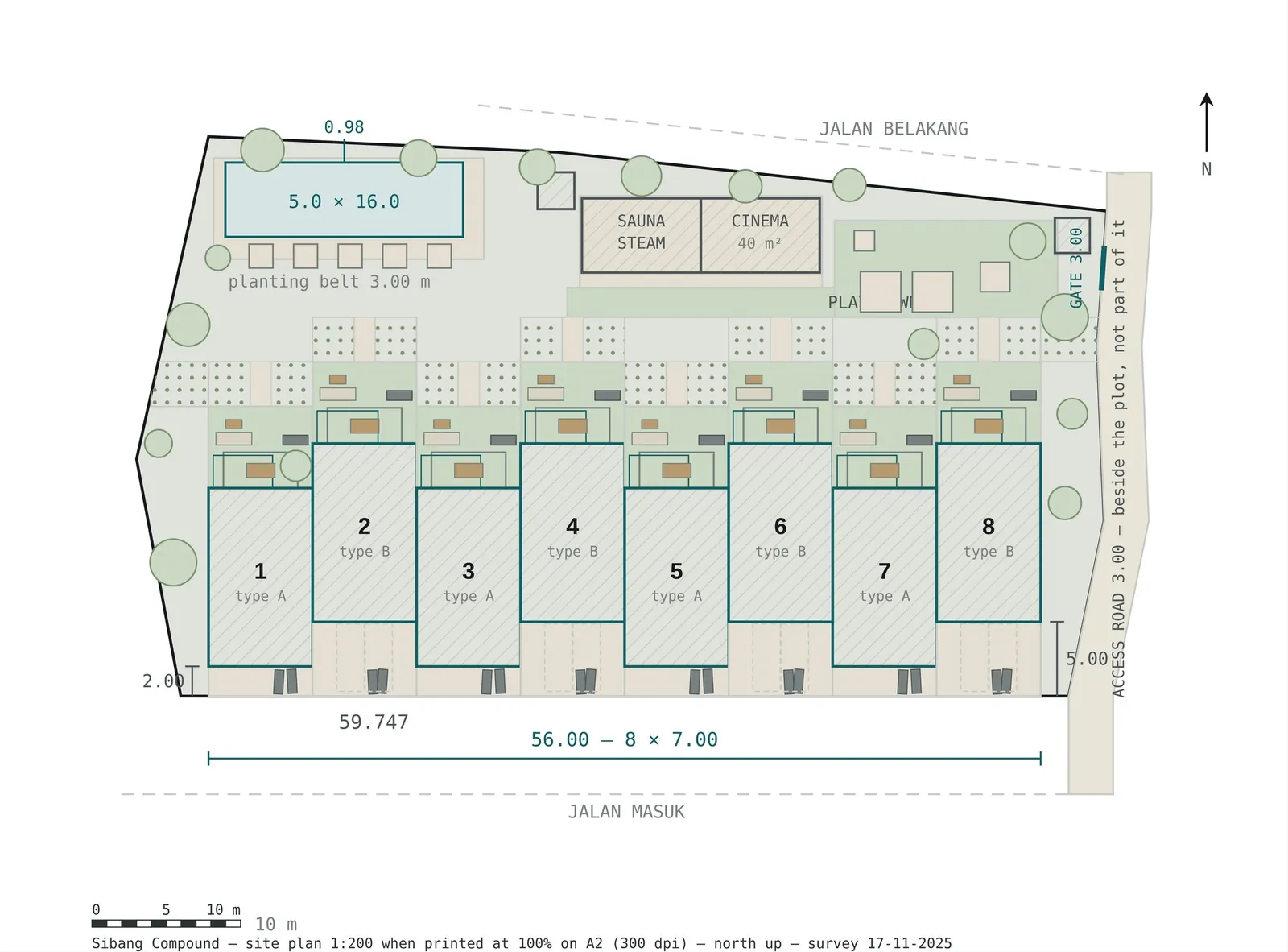 Site plan of SĀL Living: eight plots of 7 by 8 metres in a row, a shared pool, sauna and cinema