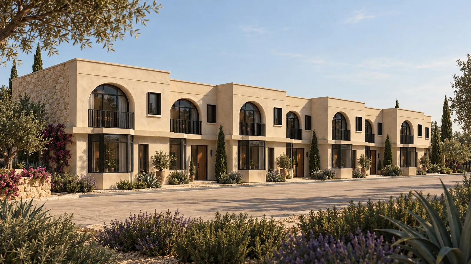 Artist impression of the SĀL Living street front: eight stone residences with arched windows and cypresses