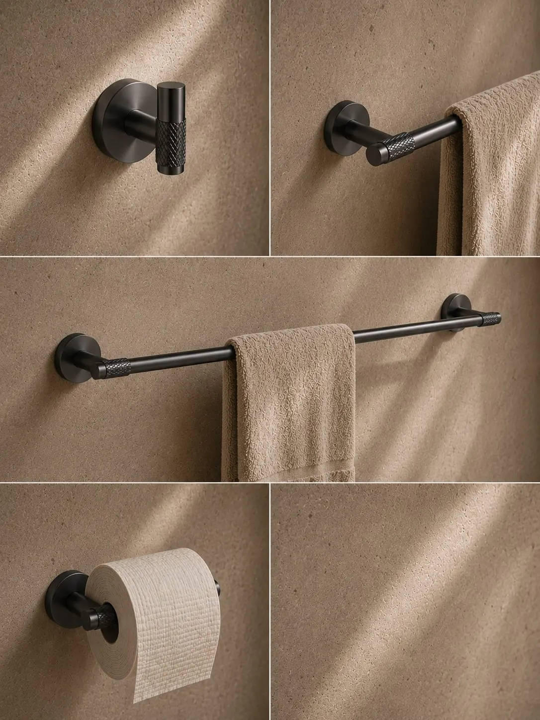Robe hook, towel bar and paper holder in brushed gun metal on a stone wall