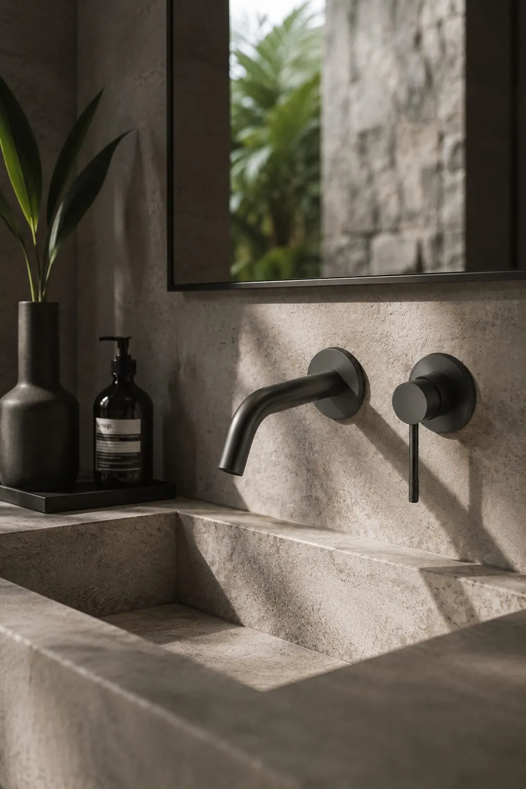 Wall-mounted basin faucet in brushed gun metal over a stone basin