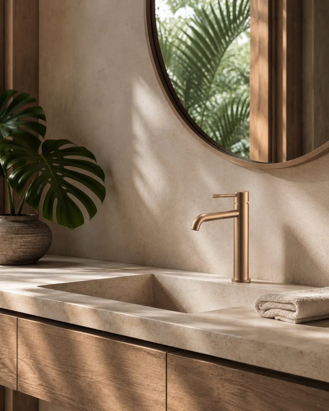 Tall vessel basin faucet in brushed rose gold beside a round mirror