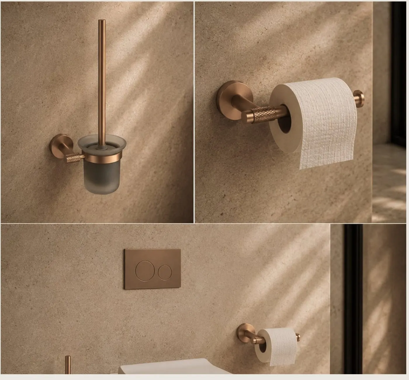 Toilet brush holder, paper holder and flush plate in brushed rose gold