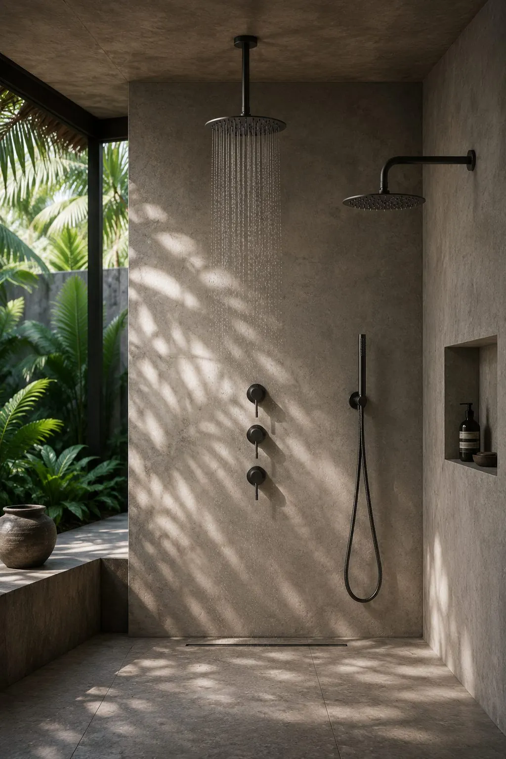A walk-in shower with matte black rain heads and hand shower against a stone wall, palms outside